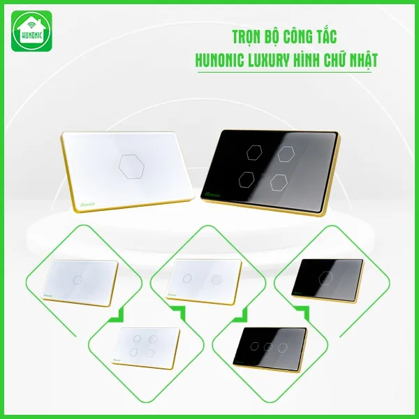 Công Tắc Hunonic Luxury Hình Chữ Nhật Viền Vàng - 1 Nút