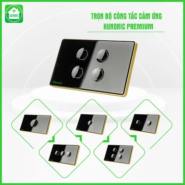 Công Tắc Hunonic Premium Hình Chữ Nhật Viền Vàng - 1 Nút